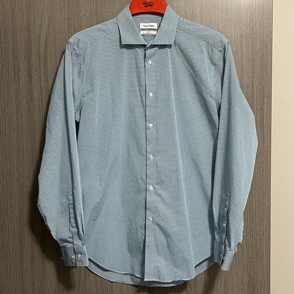 Calvin Klein Performance Dress Shirt - Slim Fit & Aqua Micro Plaid - 17 34/35